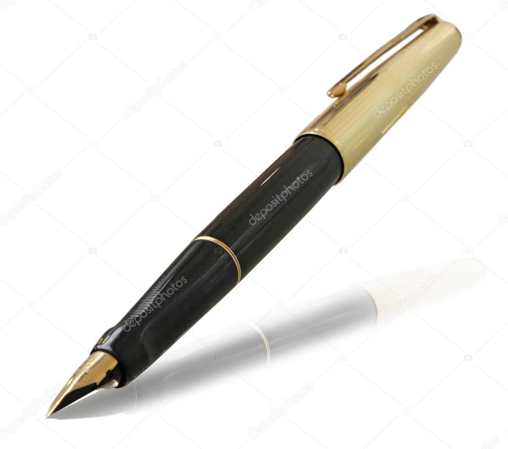 Elegant gold plated business fountain pen isolated on a white background.
