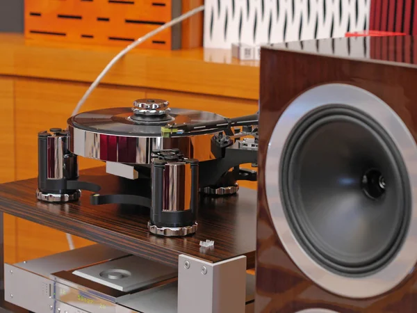 Audiophile Hifi pikap oyuncu ile müzikal vinil kaydı ve hoparlörler.