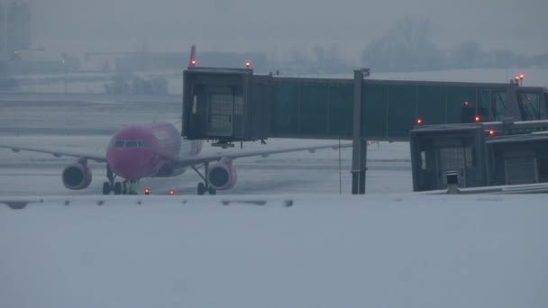 飛行機が出発を待っています。飛行便の遅れ。冬の天候. — ストック動画