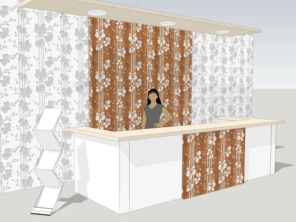 Vista del mostrador de recepción se encuentra en un vestíbulo de la oficina con un patrón de pared interior con orquídeas decorativas. ilustración 3d —  Fotos de Stock