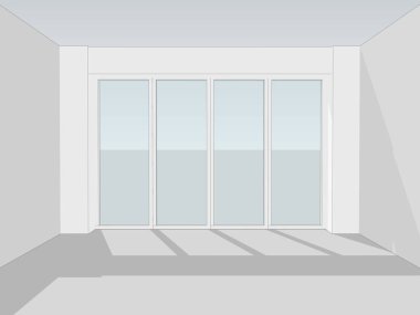 Pencereli Oda boş ofis. 3D çizim