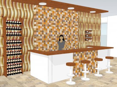 Bar Resepsiyon görünümü ile ahşap duvar kaplamaları arka planda bir dükkanda duruyor