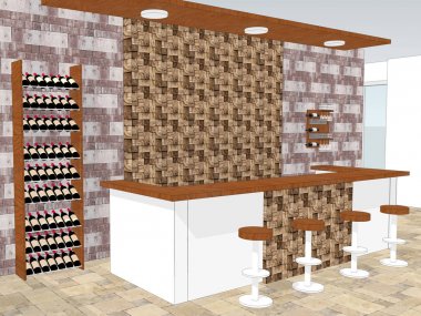 Bar Resepsiyon görünümü arka planda taş duvar ile bir iç duvar desenli bir dükkanda duruyor. 3D çizim