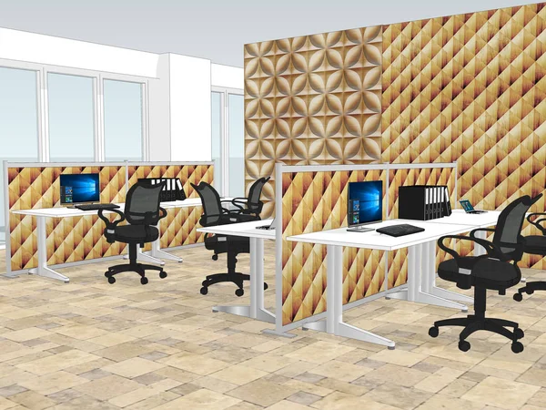 View of office space with a with decorative wooden wallpaper in the background