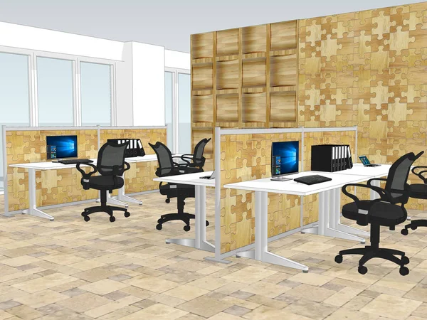 View of office space with a with decorative wooden wallpaper in the background — Stock Photo, Image