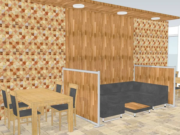 Vista del restaurante con un revestimiento de pared de madera en el fondo — Foto de Stock