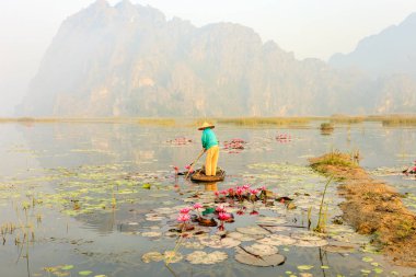 Van uzun gölet, Ninh Binh Eyaleti, Vietnam üzerinde küçük tekne grubu