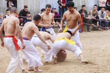 Bazı gençler Hanoi, Vietnam ahşap top festival delilik yeni yıl ile oynamak
