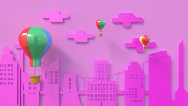 Balão Que Flutua Sobre Cidade Corte Papel Renderização Ilustrador Gráfico — Fotografia de Stock