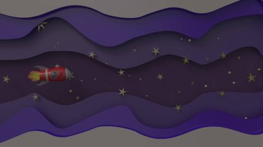 3D çizim, 3D illüstratör, Çizgi film kırmızı uzay gemisi gökyüzüne yükseliyor.