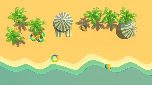 黄沙沙滩的3D渲染 3D插画 有棕榈树和树冠床 — 图库照片
