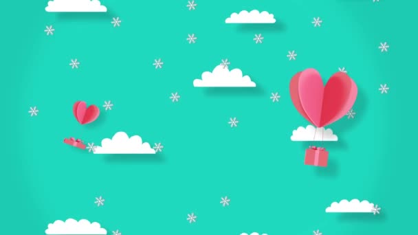 Animación navideña con nieve Cajas de regalo con corazones flotantes El fondo es un gráfico de Nubes y cielo — Vídeo de stock