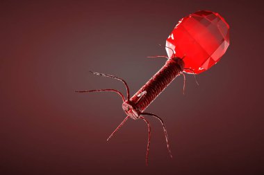 3d illüstrasyon, kırmızı arkaplanda mikroskop bakteriyofajını kapat