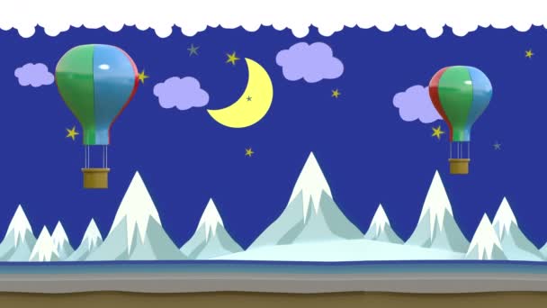 Animace pohybu, Balón plave nad vysokými horami v noci.. Sekundy 2-8 může střih pro smyčku — Stock video
