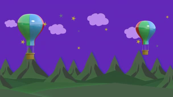 アニメーションの動き、気球は夜に高い山の上に浮かんでいます。ループのために2 〜 8秒をカットできます — ストック動画