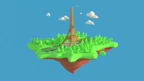 3D animační smyčka Eiffelovy věže ve Francii. 3D vykreslování pozadí nízké mnohoúhelníkové geometrie. Abstraktní polygonální geometrický tvar. Lowpoly Minimal Style Art. — Stock video