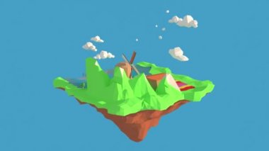 Hollanda, Zaanse Schans yel değirmeni köyünün 3D çizimi, düşük poligon geometri arkaplanı. Soyut Çokgen Geometrik Şekil. Lowpoly Minimum Biçim Sanatı.