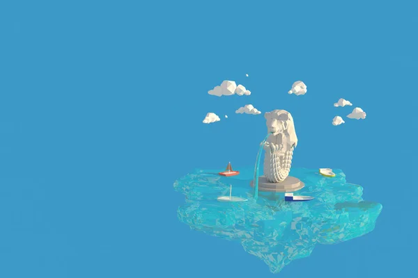 Singapur 'daki 3D illüstratör Merlion Park. 3D görüntüleme Düşük Çokgen Geometri Arkaplanı. Soyut Çokgen Geometrik Şekil. Lowpoly Minimum Biçim Sanatı.