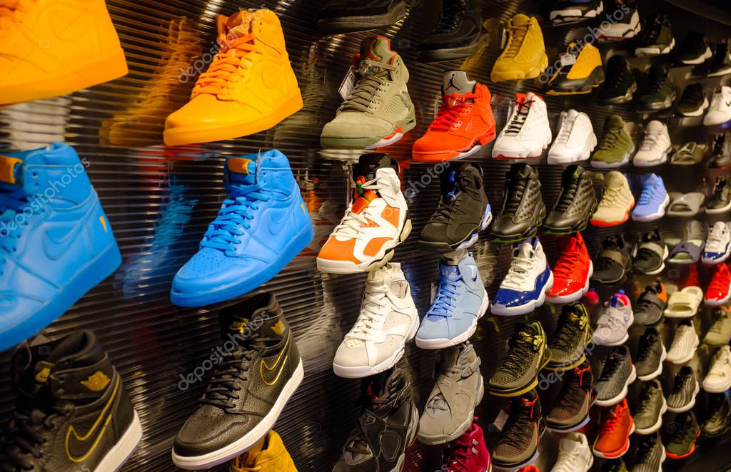 Singapore-21 JAN 2017: Nike Jordan series basketball shoes display in shopping mall