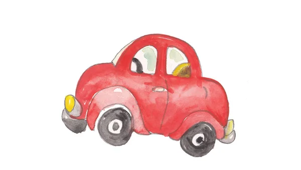 Aquarell und buntes rotes Auto handkoloriert — Stockfoto
