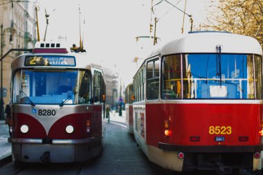 Prag 'da kırmızı tramvay sirkülasyon