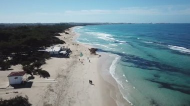 Ormanla çevrili İtalyan kumlu plaj havadan görünümü
