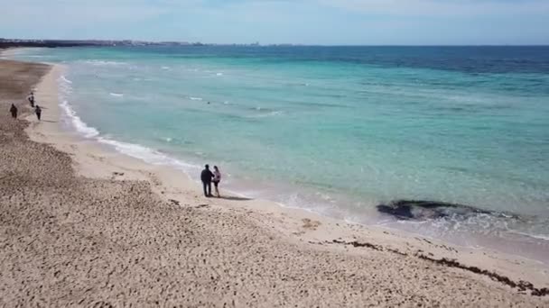 Νεαρό Ζευγάρι Βόλτες Στην Παραλία Αεροφωτογραφία Πυροβολήθηκε Από Drone Παραλία — Αρχείο Βίντεο