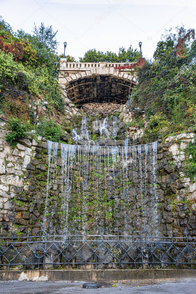 Small waterfall at the bottom of the Budapest Citadel. Waterfall in city park,Budapest.