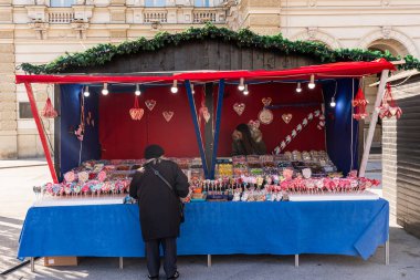Novi Sad, Sırbistan - 24 Kasım 2019: Novi Sad Kış Festivali. Novi Sad 'ın merkezindeki Özgürlük Meydanı' nda duruyor