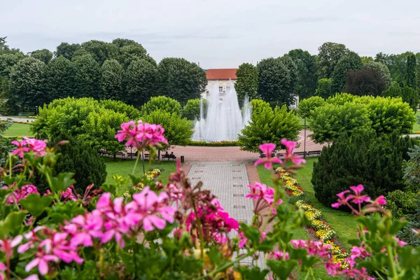 Loznica, Sırbistan - 13 Temmuz 2019: Sağlık merkezi Banja Koviljaca, Sırbistan. Banja Koviljaca 'nın merkezinde güzel bir çeşme.