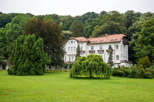 塞尔维亚巴尼亚 科维奇雅卡 Banja Koviljaca Serbia 2019年7月13日 美丽的风景 公园里有树木 花朵和建筑 医疗健康中心有花园 — 图库照片