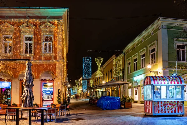Novi Sad, Sırbistan - 04 Aralık 2019: Novosadski Kış Festivali. Novi Sad 'daki Zmaj Jovina caddesi Yeni Yıl ve kış büyüleriyle süslendi.