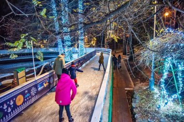 Novi Sad, Sırbistan - Aralık, 06, 2019: Novi Sad 'daki Tuna Parkı' nda kayak pisti (Sırpça: Ledena uma). Novi Sad 'daki Tuna Parkı yeni yıl arifesi için dekore edildi..