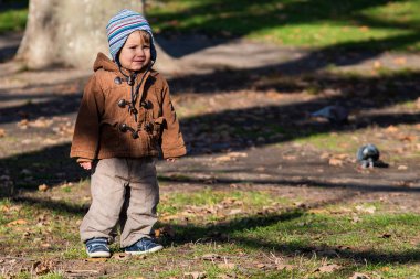 Sonbahar parkında duran küçük çocuk. Çocuk ve güvercinler parkta