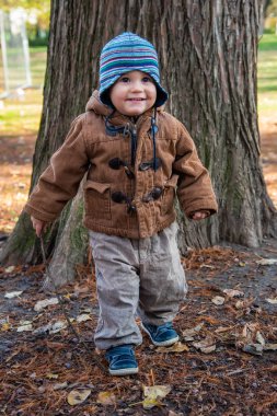 Sonbahar parkında duran küçük çocuk. Sopalı çocuk.