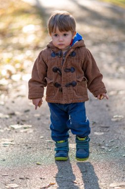 Sonbahar parkında duran küçük çocuk