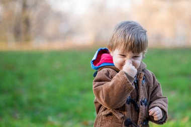 Sonbahar parkında duran küçük çocuk papatya