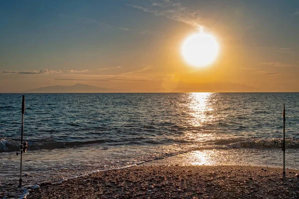 Dramatischer Sonnenuntergang Über Meer Und Bergen Fotografiert Possidi Strand Auf — Stockfoto