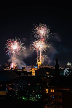 Novi Sad, Sırbistan 01 Ocak 2020: Novi Sad 'da yeni yıl havai fişekleri. Novi Sad 'ın Panoraması