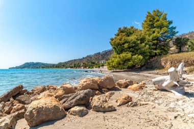 Halkidiki 'de Ege Denizi' nde güzel bir gizli Yunan plajı.