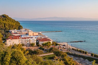 Kallithea, Greece - September 03,2019: Top view of Kallithea, Halkidiki in Greece. Panoramic view of famous and idyllic beach of Kalithea  resting 