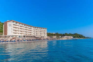 Kallithea, Greece - September 03,2019: Ammon Zeus Hotel in Kallithea, Greece. The most beautiful beach in Kallithea, Halkidiki, Greece.