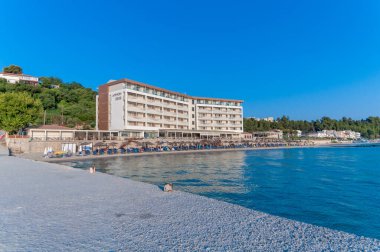 Kallithea, Greece - September 03,2019: Ammon Zeus Hotel in Kallithea, Greece. The most beautiful beach in Kallithea, Halkidiki, Greece.