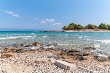 Halkidiki, Greece - September 05,2019: Lagoon Beach near Pefkochori, Halkidiki, Greece. One of the most beautiful beaches in the Halkidiki Peninsula.