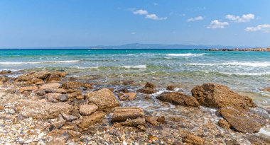 Halkidiki, Greece - September 05,2019: Lagoon Beach near Pefkochori, Halkidiki, Greece. One of the most beautiful beaches in the Halkidiki Peninsula.