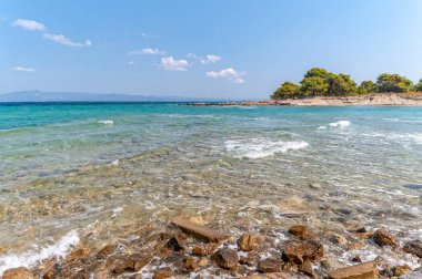 Halkidiki, Greece - September 05,2019: Lagoon Beach near Pefkochori, Halkidiki, Greece. One of the most beautiful beaches in the Halkidiki Peninsula.
