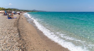 Halkidiki, Greece - September 05,2019: Porto Beach near Pefkochori, Halkidiki, Greece. One of the most beautiful beaches in the Halkidiki Peninsula.