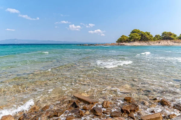 Halkidiki, Greece - September 05,2019: Lagoon Beach near Pefkochori, Halkidiki, Greece. One of the most beautiful beaches in the Halkidiki Peninsula.