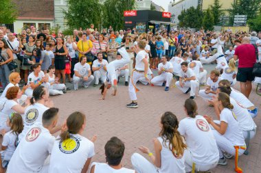 Novi Sad, Sırbistan - 25 Ağustos 2019: Sırbistan 'ın Novi Sad kentinde Samba Karnavalı. Sırbistan 'da Brezilya kültürünü kutlamak için düzenlenen samba geçit töreninde kostüm giyiyor.