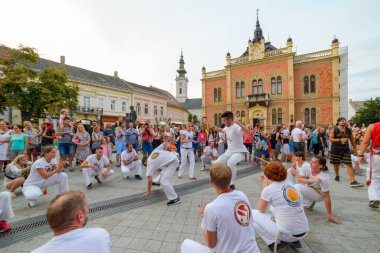 Novi Sad, Sırbistan - 25 Ağustos 2019: Sırbistan 'ın Novi Sad kentinde Samba Karnavalı. Sırbistan 'da Brezilya kültürünü kutlamak için düzenlenen samba geçit töreninde kostüm giyiyor.